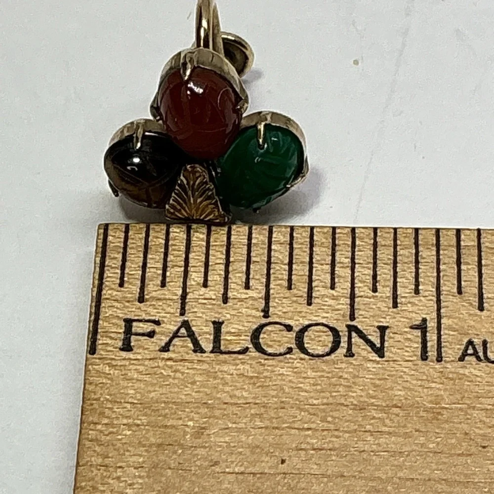 Vintage Scarab Brooch Earrings Set 12K GF Etched Gemstones Mid Century Signed